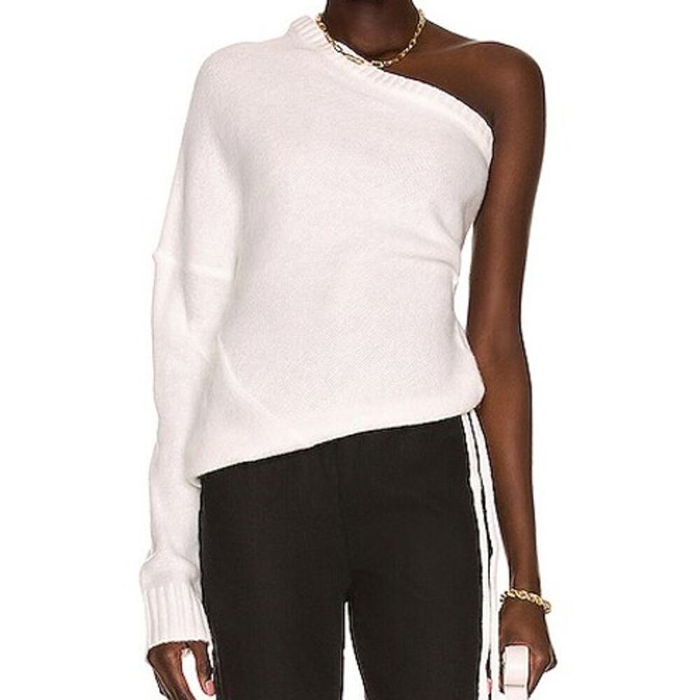 RTA Athena One Shoulder Drawstring Ruched Sweater White New *Flawed* Size M